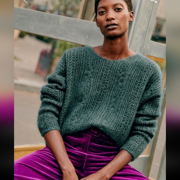 Sezane Susanna Kid Mohair/ Wool Green White Knit Cardigan - Picture 10 of 11